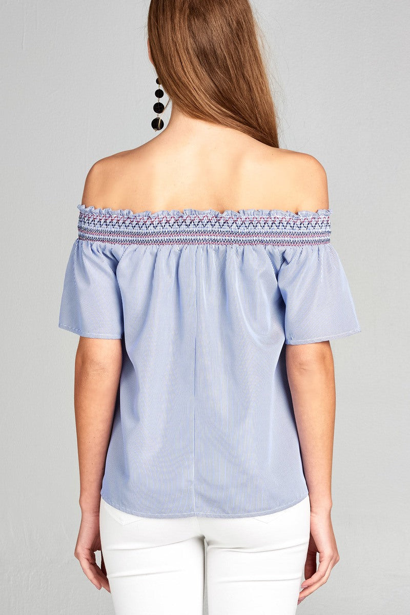 Ladies fashion short sleeve off the shoulder w/special smocked stripe woven top