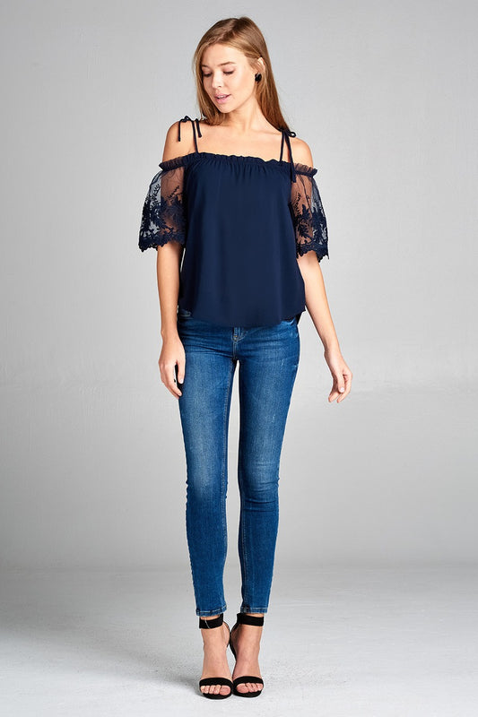 Ladies fashion scallop lace sleeve open shoulder w/tie strap crepe woven top