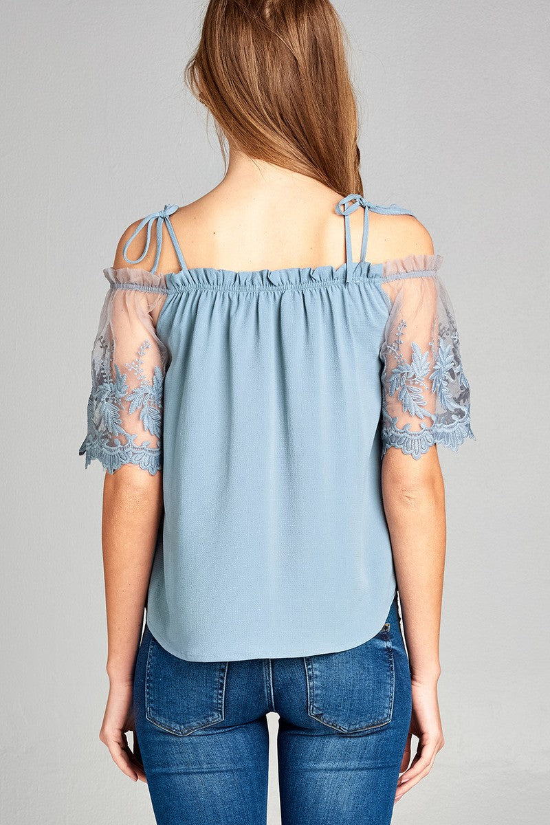 Ladies fashion scallop lace sleeve open shoulder w/tie strap crepe woven top