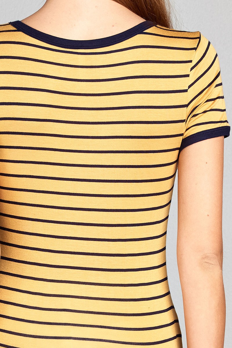 Ladies fashion short sleeve v-neck yarn dyed stripe rayon spandex top