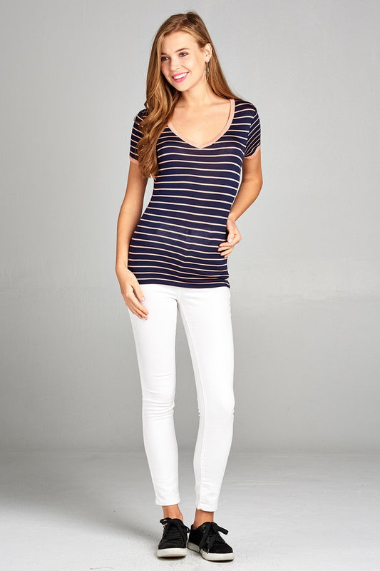 Ladies fashion short sleeve v-neck yarn dyed stripe rayon spandex top
