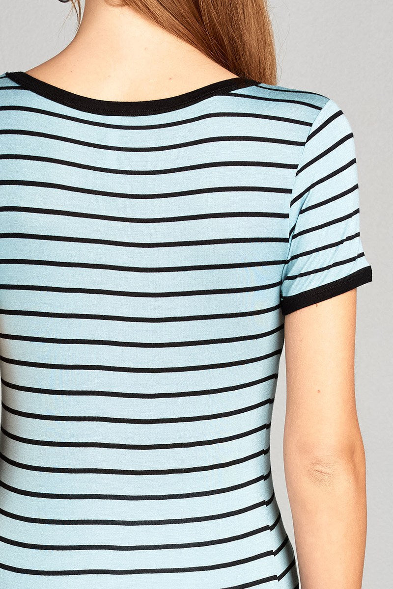Ladies fashion short sleeve v-neck yarn dyed stripe rayon spandex top