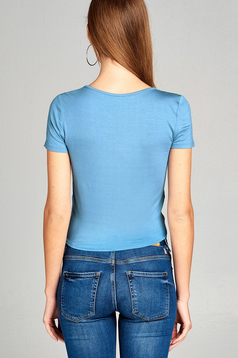 Ladies fashion short sleeve v-neck w/cross strap front self tie rayon spandex top