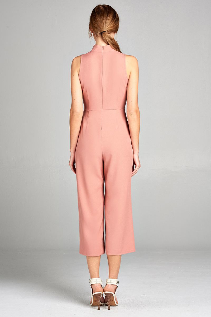 Ladies fashion sleeveless v-neck w/choker long leg woven jumpsuit