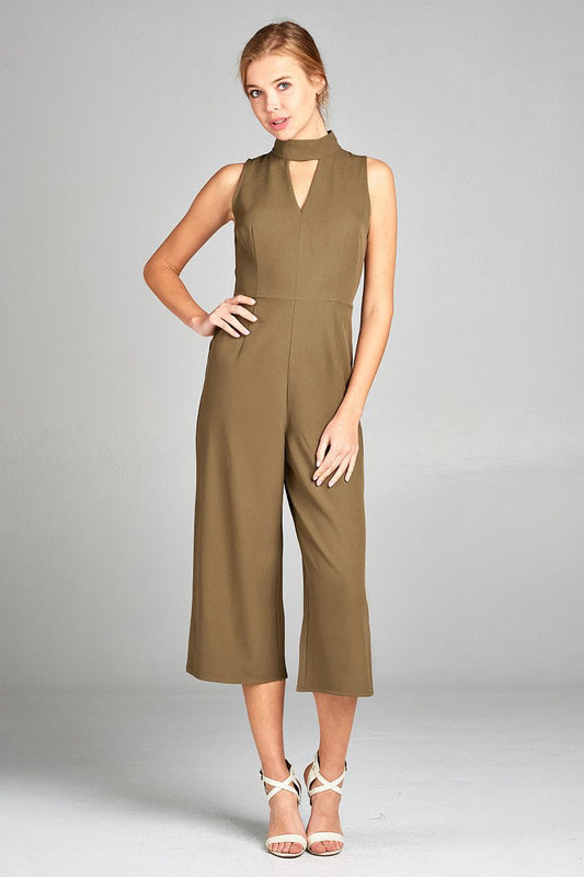 Ladies fashion sleeveless v-neck w/choker long leg woven jumpsuit