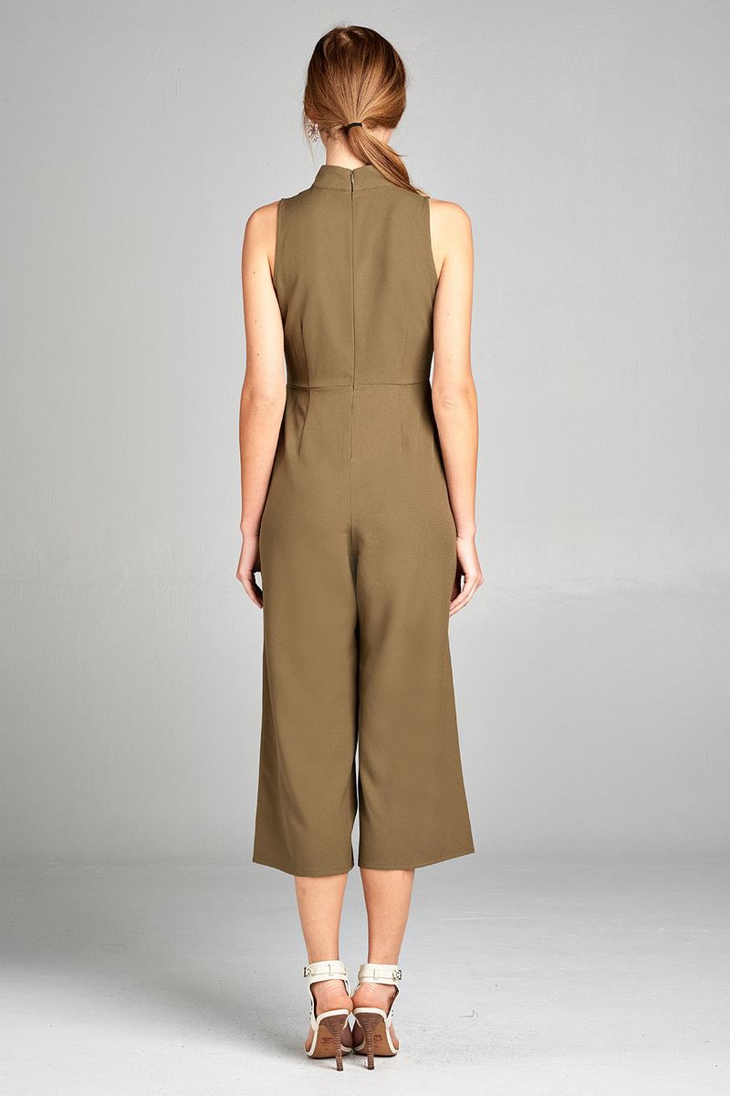 Ladies fashion sleeveless v-neck w/choker long leg woven jumpsuit