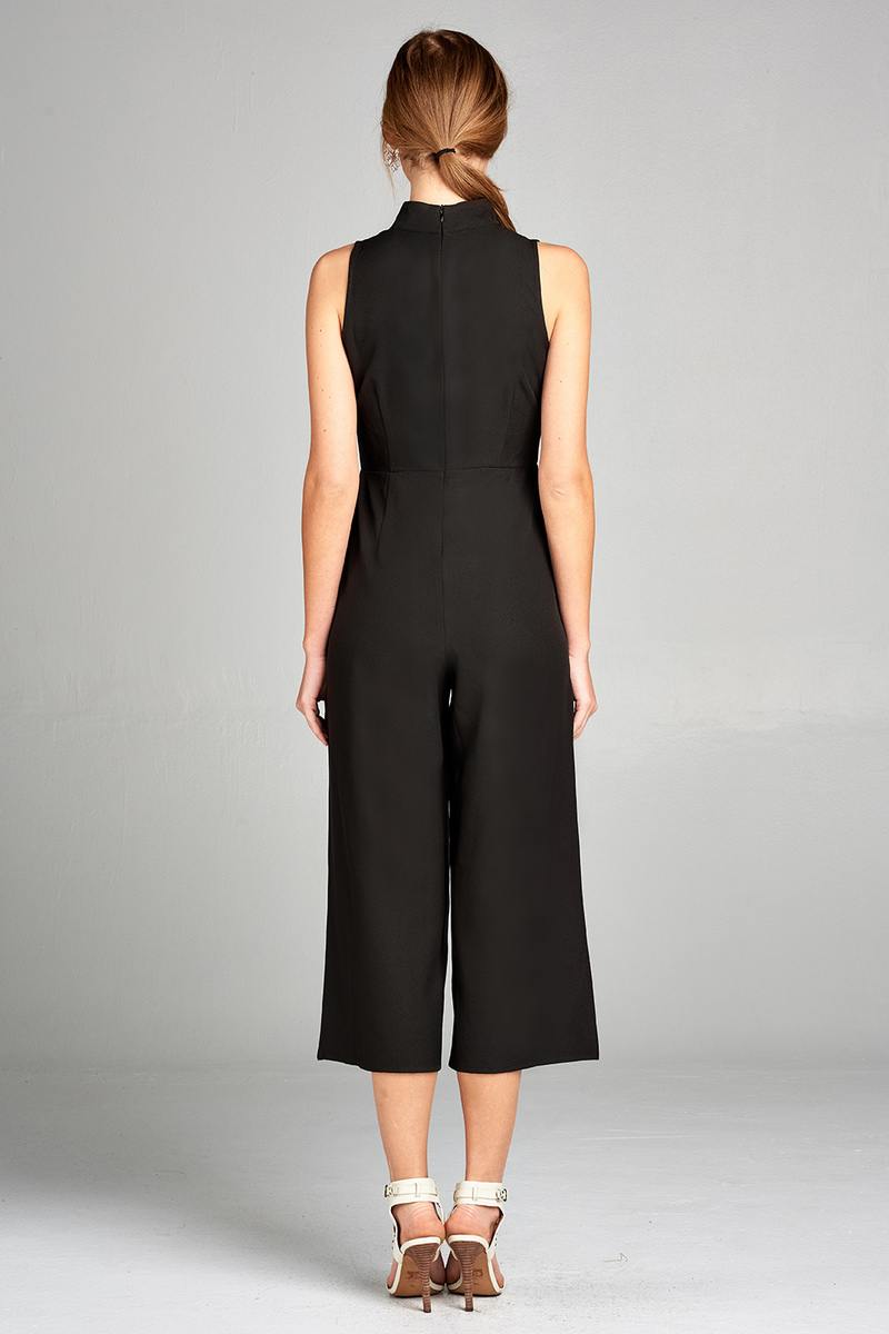 Ladies fashion sleeveless v-neck w/choker long leg woven jumpsuit