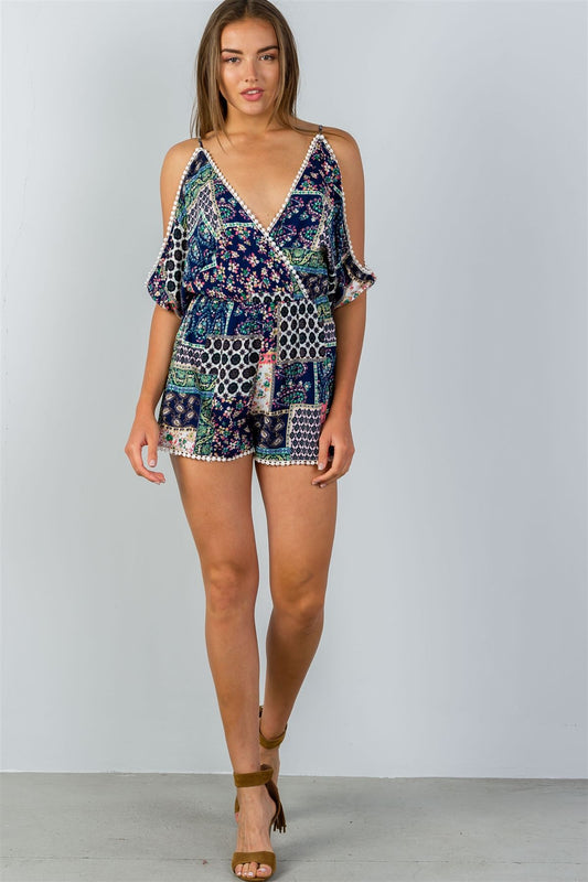 Ladies fashion floral cold shoulder pompom detail romper