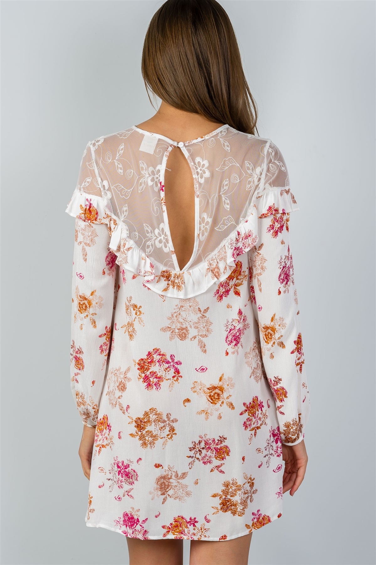 Ladies fashion boho ivory long-sleeve lace-inset shift dress