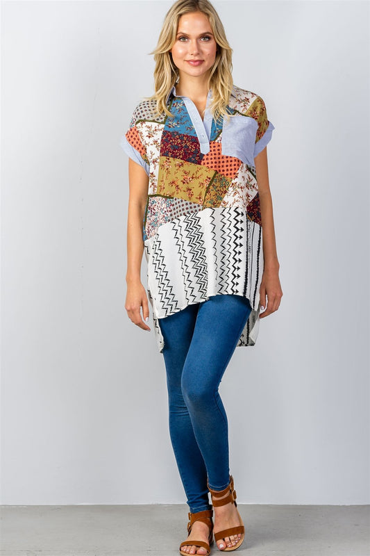 Ladies fashion boho multi patchwork short sleeve blouse