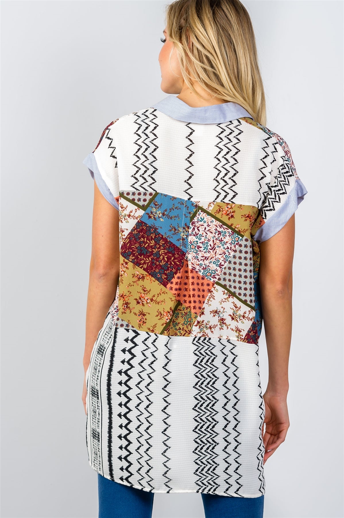 Ladies fashion boho multi patchwork short sleeve blouse