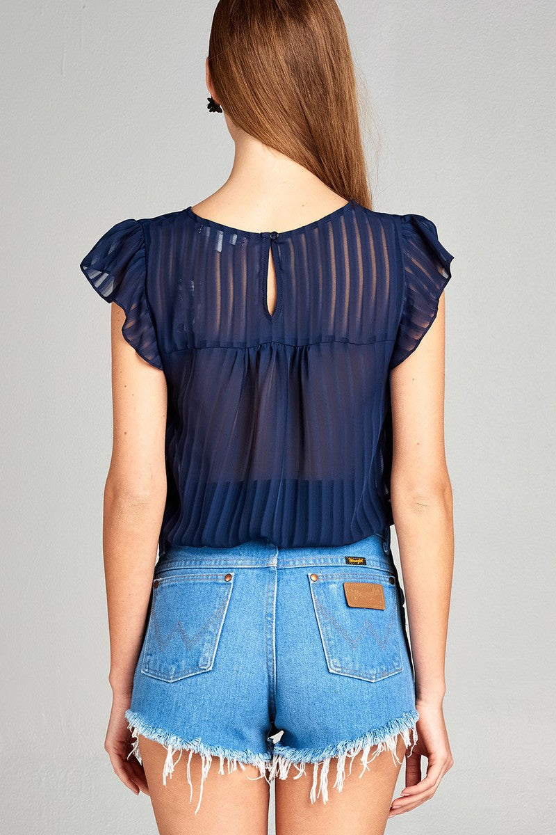 Ladies fashion short ruffle sleeve round neck front self tie hem w/back button woven top