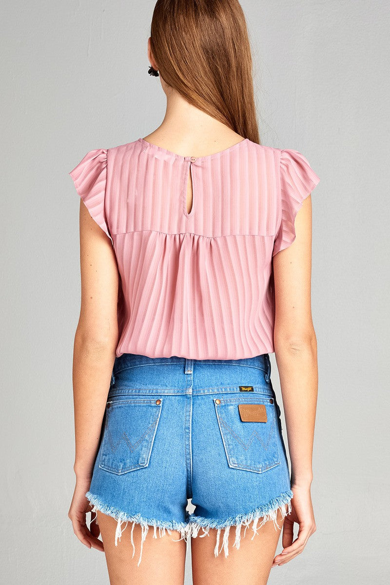 Ladies fashion short ruffle sleeve round neck front self tie hem w/back button woven top