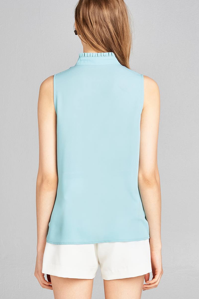 Ladies fashion sleeveless ruffle neck w/self-tie wool dobby woven top