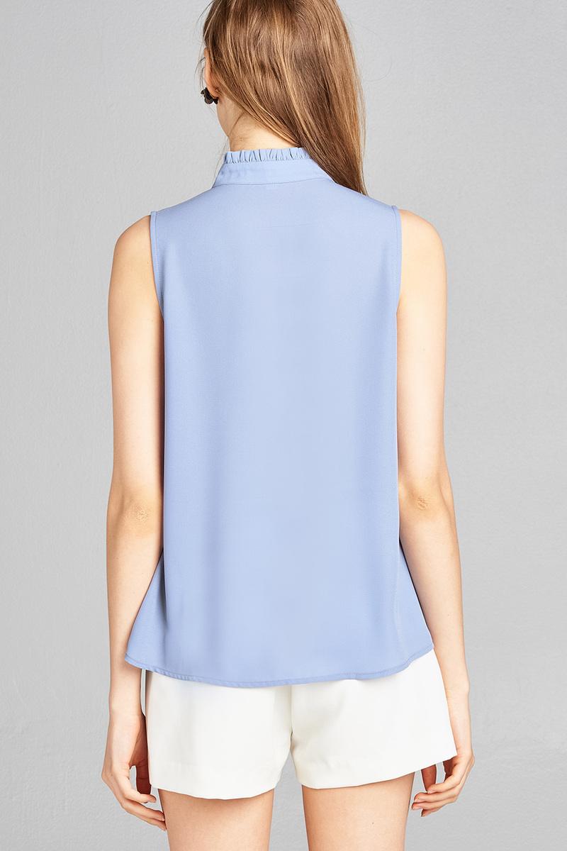 Ladies fashion sleeveless ruffle neck w/self-tie wool dobby woven top