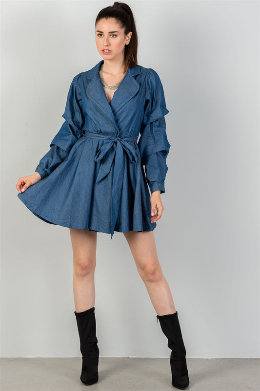 Ladies fashion denim tiered sleeve self tie waist dress