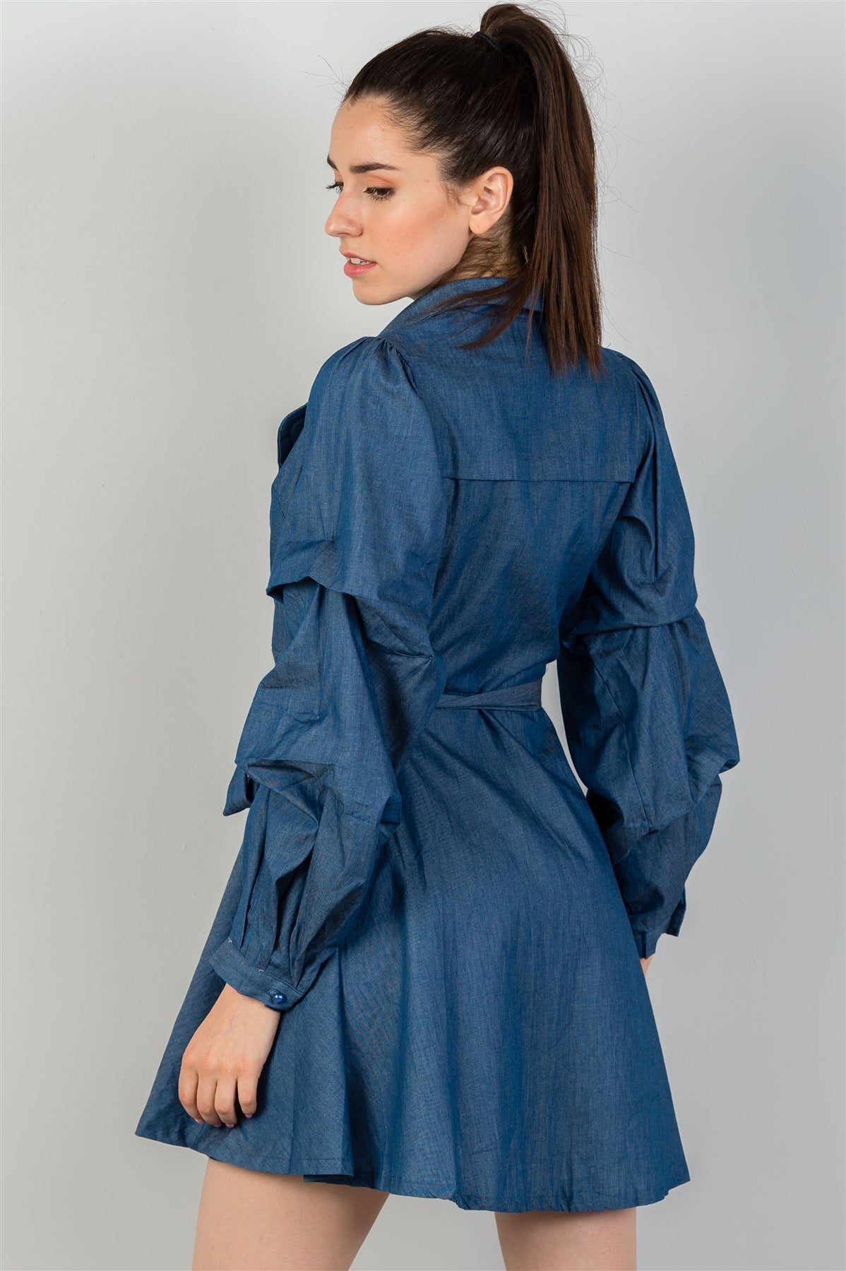 Ladies fashion denim tiered sleeve self tie waist dress