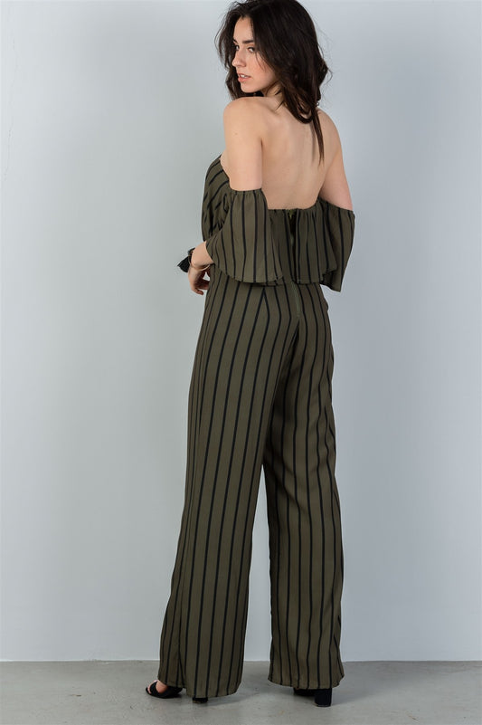 Ladies fashion olive & black off shoulder stripe wide leg jumpsuit