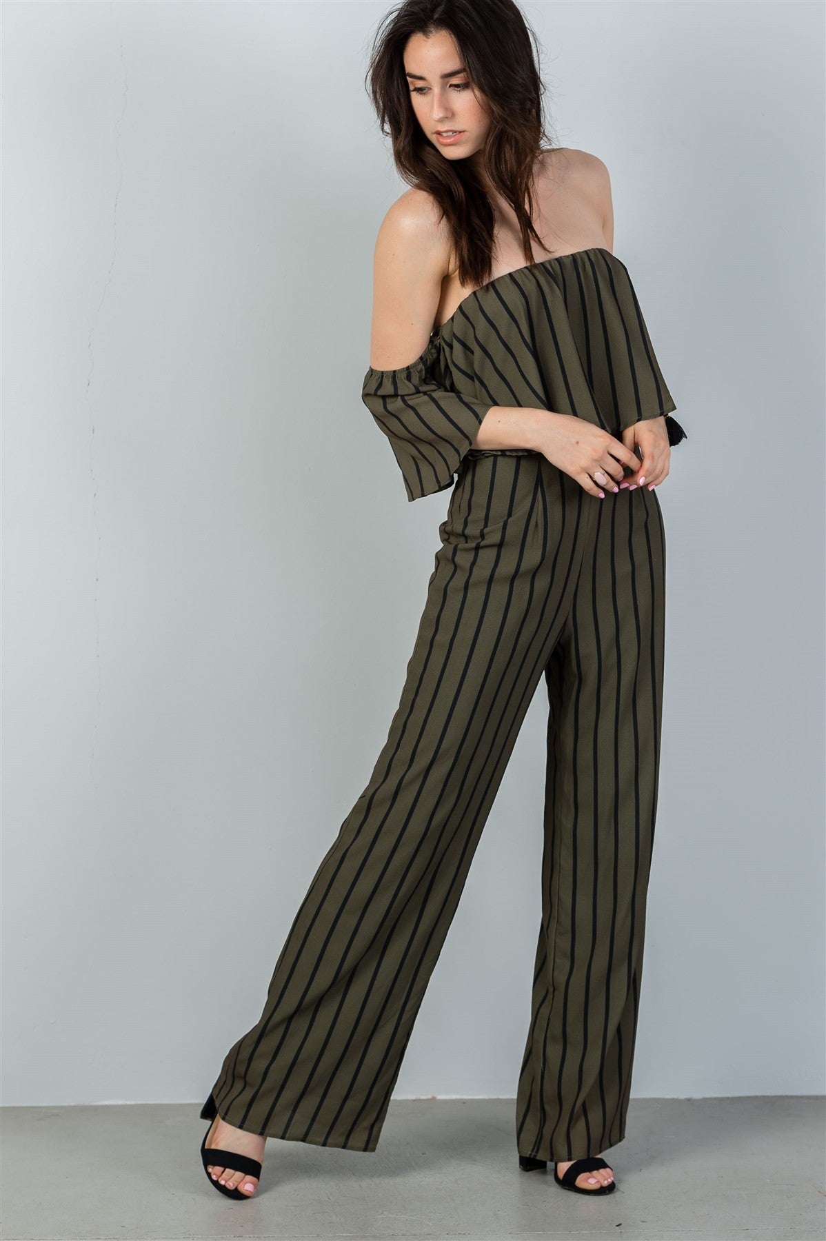 Ladies fashion olive & black off shoulder stripe wide leg jumpsuit