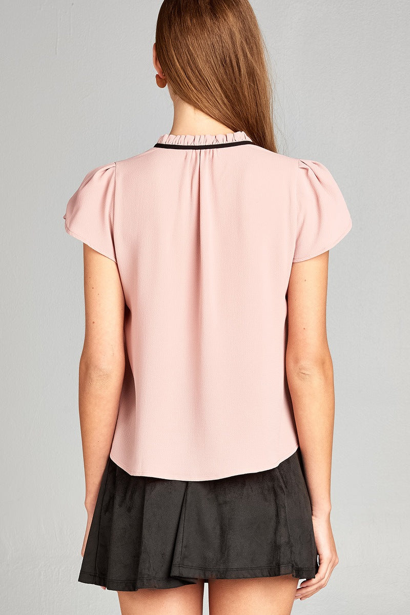 Ladies fashion plus size short tulip sleeve contrast self-tie crepe woven top