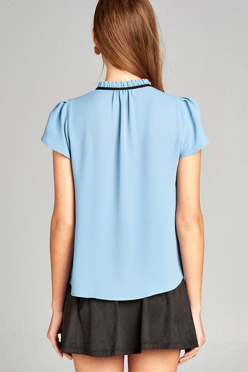 Ladies fashion plus size short tulip sleeve contrast self-tie crepe woven top