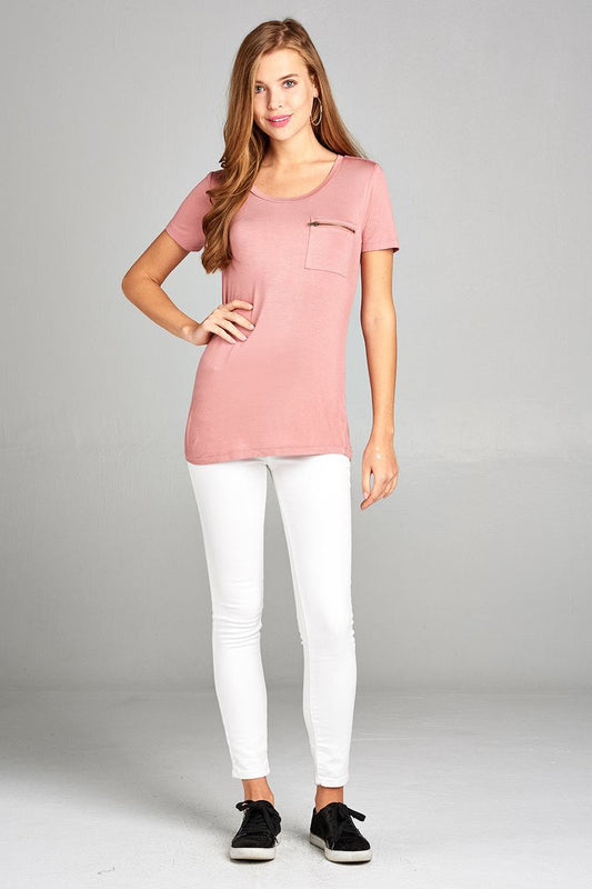 Ladies fashion plus size short sleeve round neck zippered pocket top