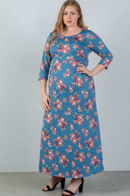 Ladies fashion plus size sky blue & floral print maxi dress