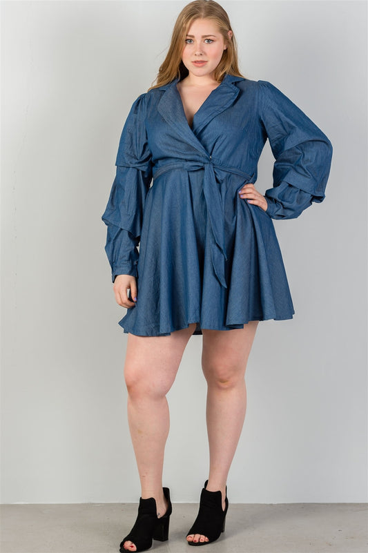 Ladies fashion plus size denim tiered sleeve self tie waist dress
