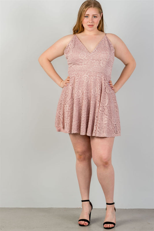 Ladies fashion plus size blush all floral lace criss cross back plus size mini dress