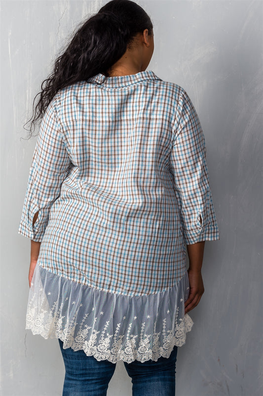 Ladies fashion plus size gingham lace-hem plus size top
