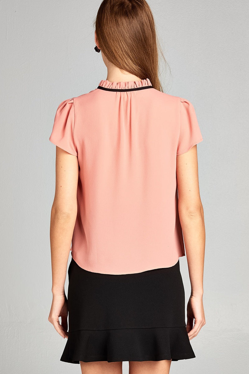 Ladies fashion short tulip sleeve contrast self-tie crepe woven top
