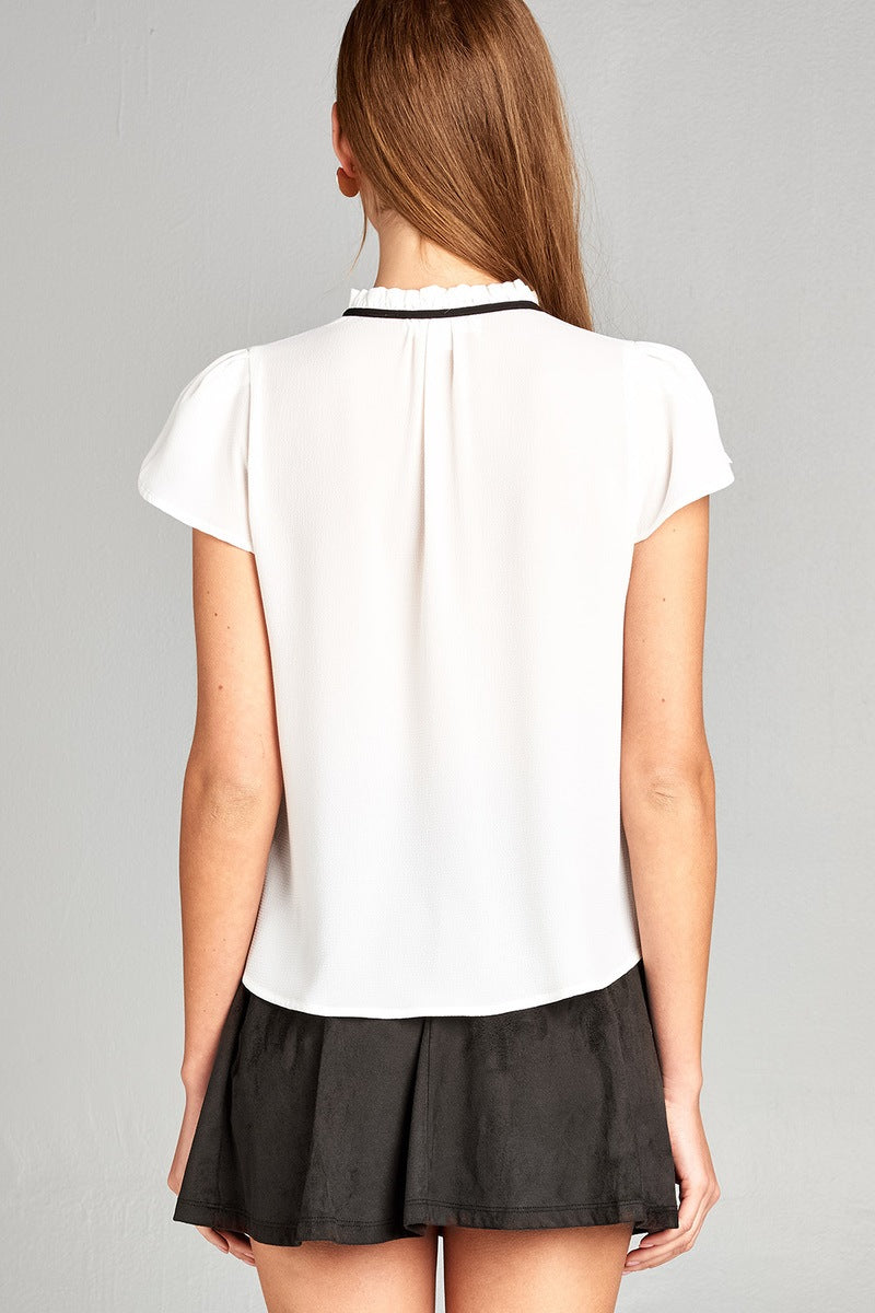 Ladies fashion short tulip sleeve contrast self-tie crepe woven top