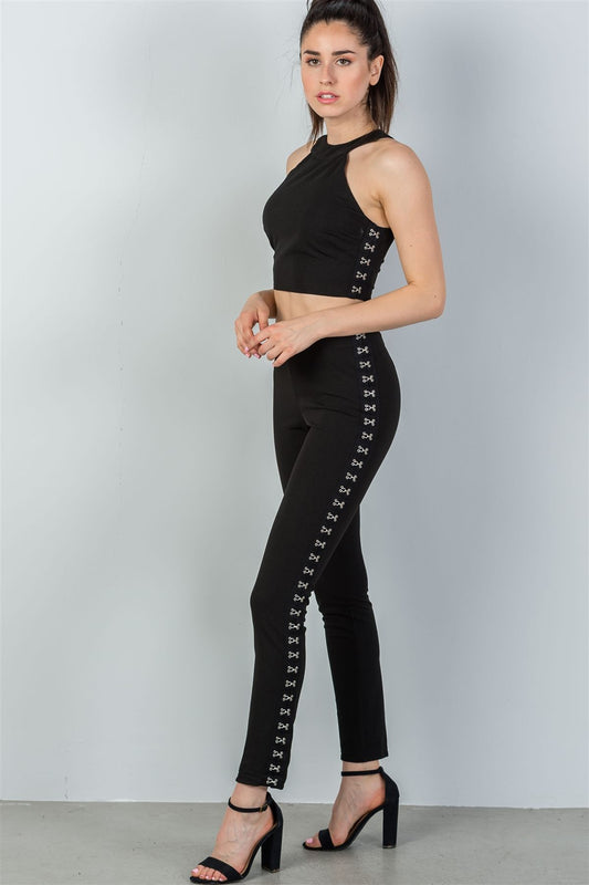 Ladies fashion black with silver hook and eye detail two piece set