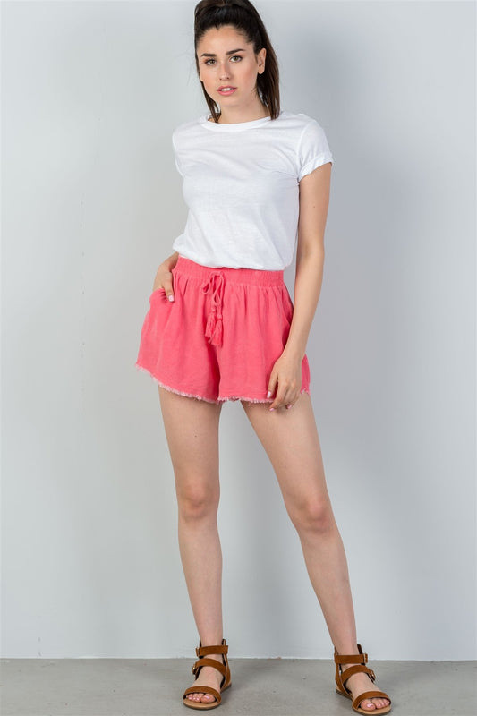 Ladies fashion watermelon drawstring raw hem shorts