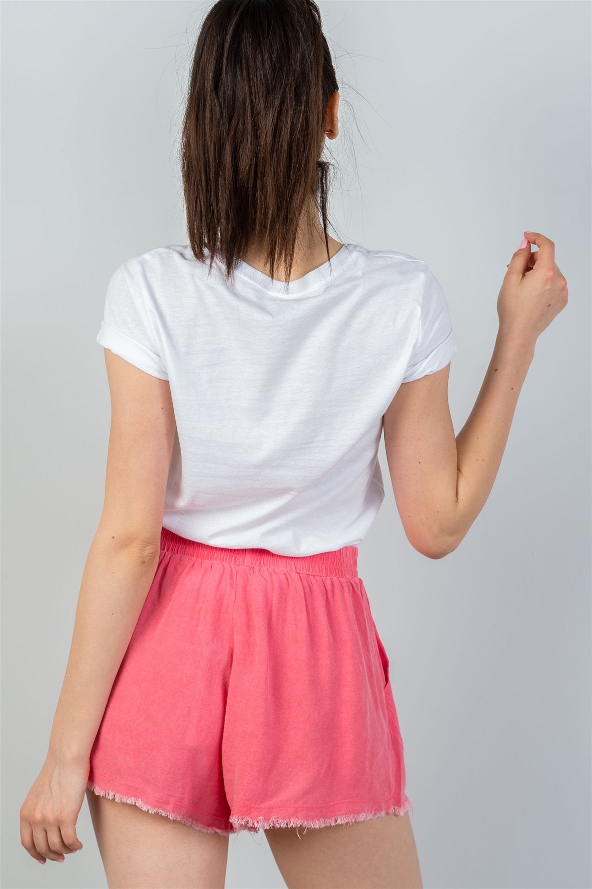 Ladies fashion watermelon drawstring raw hem shorts