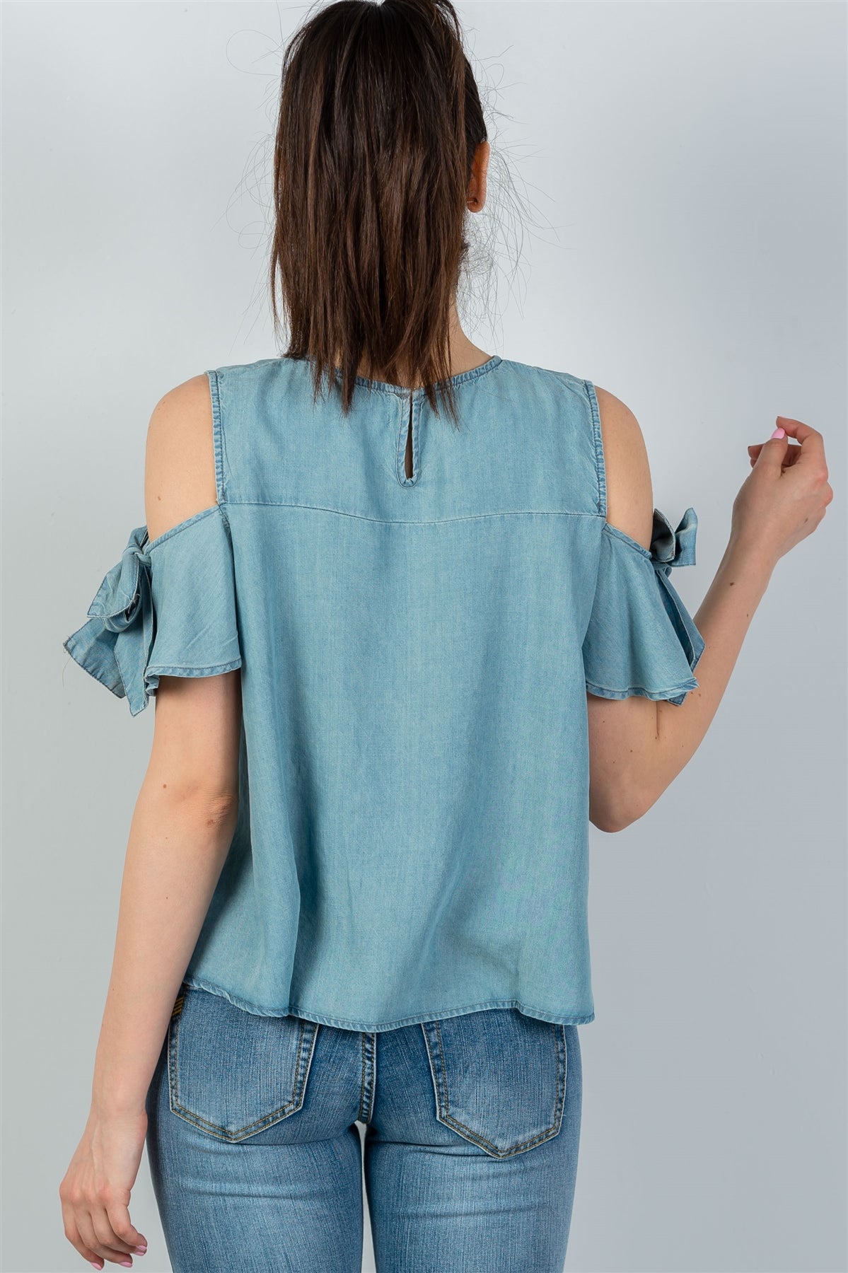 Ladies fashion denim bow tie sleeve cold shoulder top