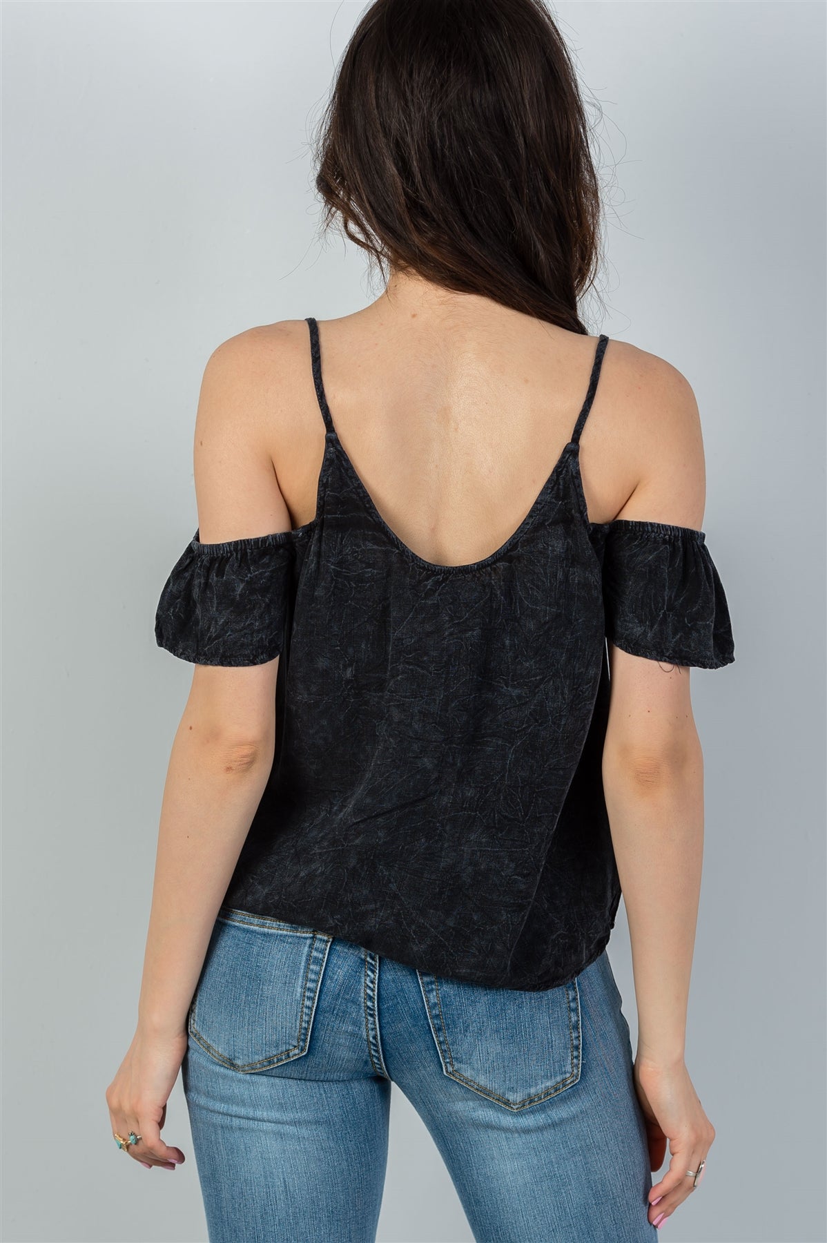 Ladies fashion boho charcoal acid wash cold shoulder shirt