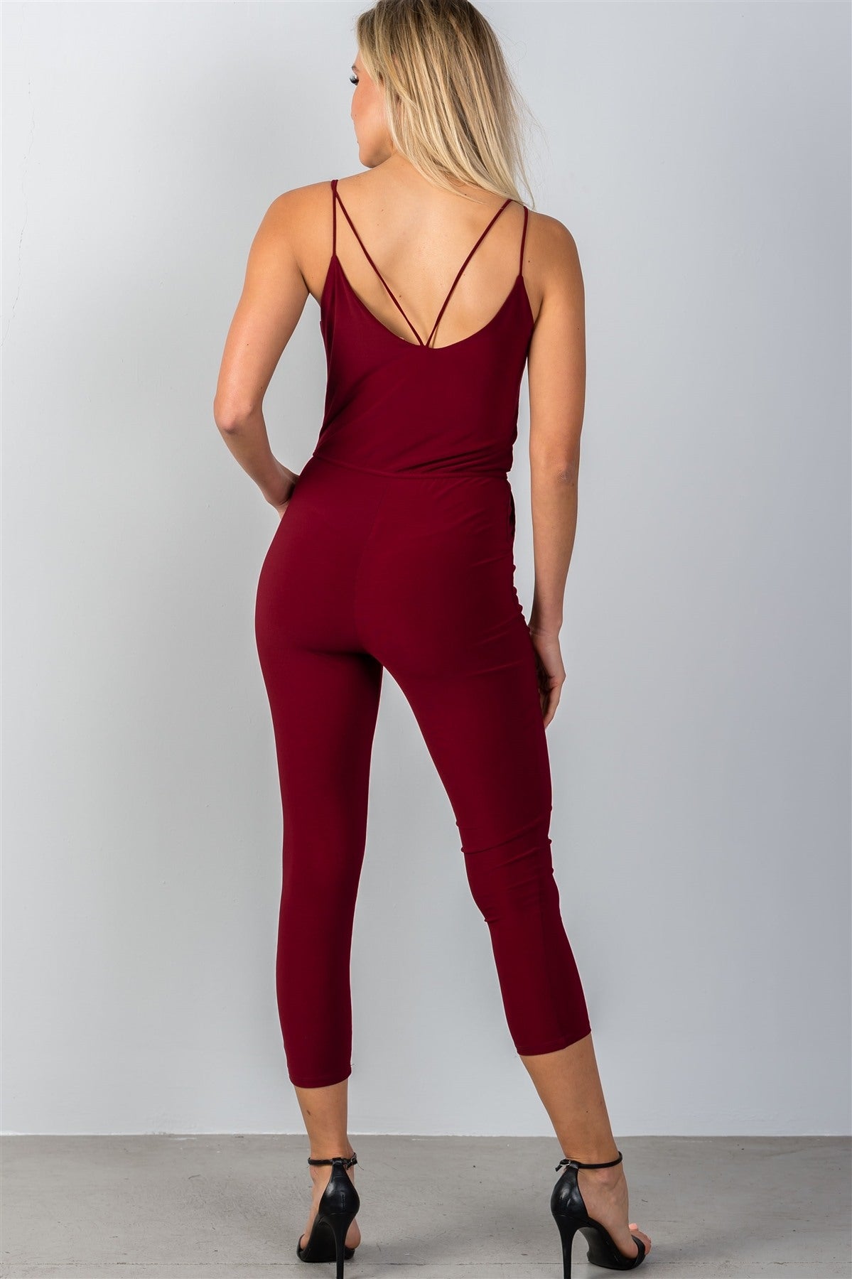 Ladies fashion wine double cami straps fitted jumpsuit