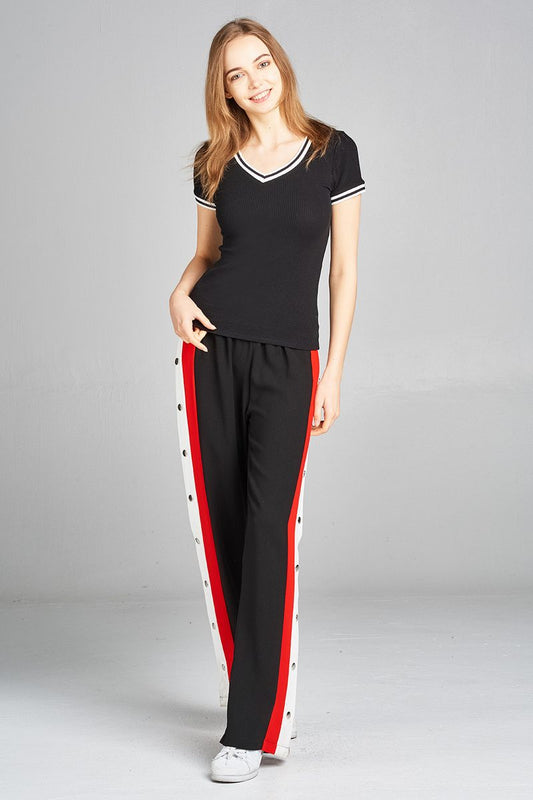 Ladies fashion short contrast ribbed sleeve and v-neck cotton spandex top