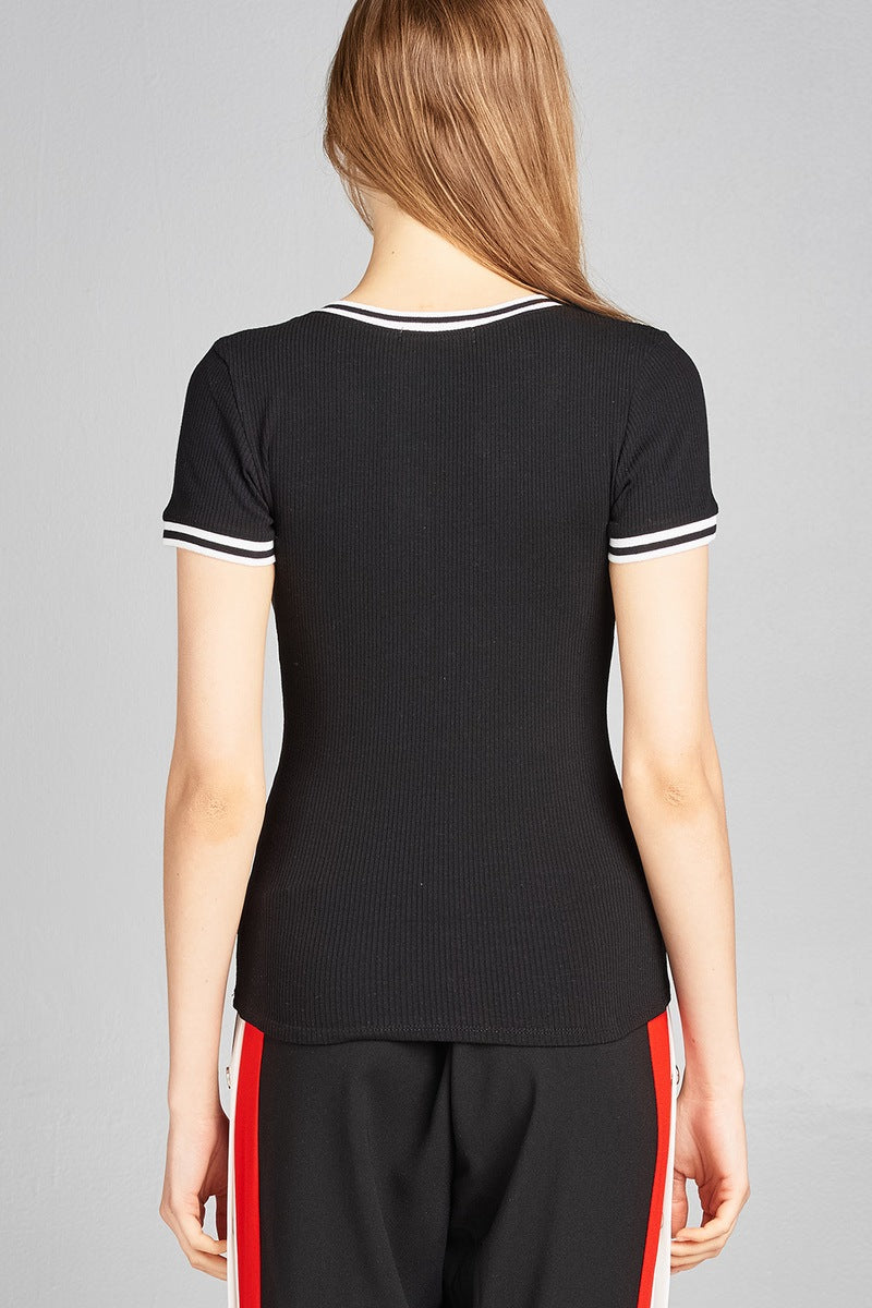 Ladies fashion short contrast ribbed sleeve and v-neck cotton spandex top