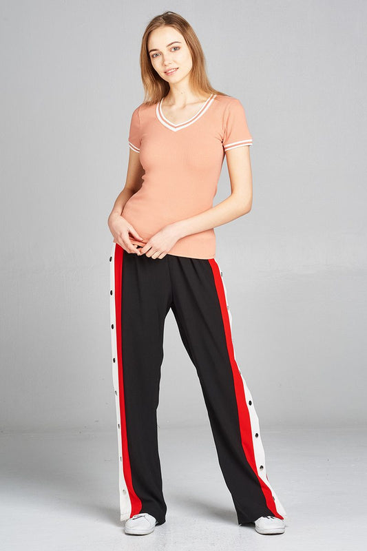 Ladies fashion short contrast ribbed sleeve and v-neck cotton spandex top