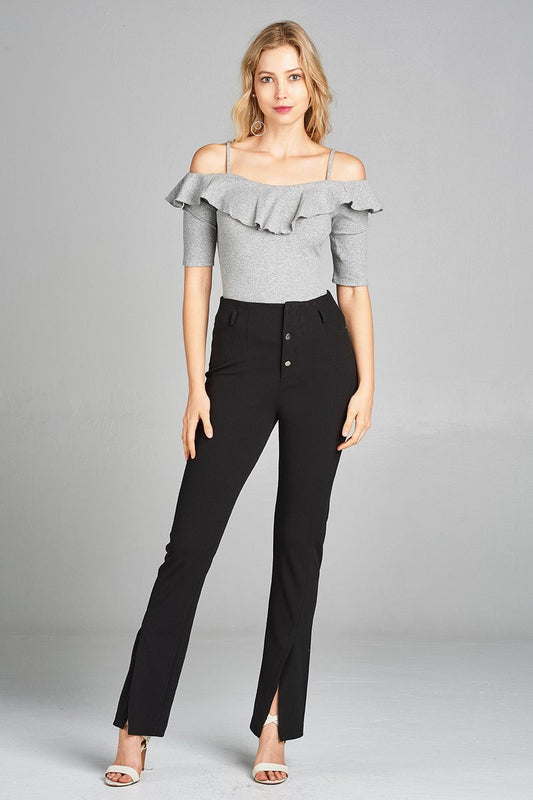 Ladies fashion elbow sleeve open shoulder w/ruffle ribbed cotton spandex top