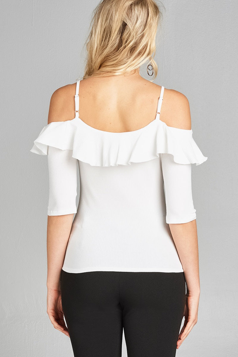 Ladies fashion elbow sleeve open shoulder w/ruffle ribbed cotton spandex top