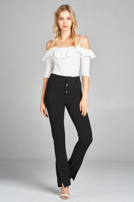 Ladies fashion elbow sleeve open shoulder w/ruffle ribbed cotton spandex top