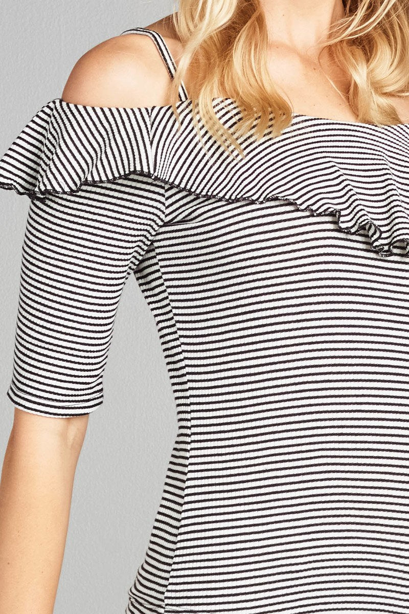 Ladies fashion elbow sleeve open shoulder w/ruffle stripe ribbed cotton spandex top