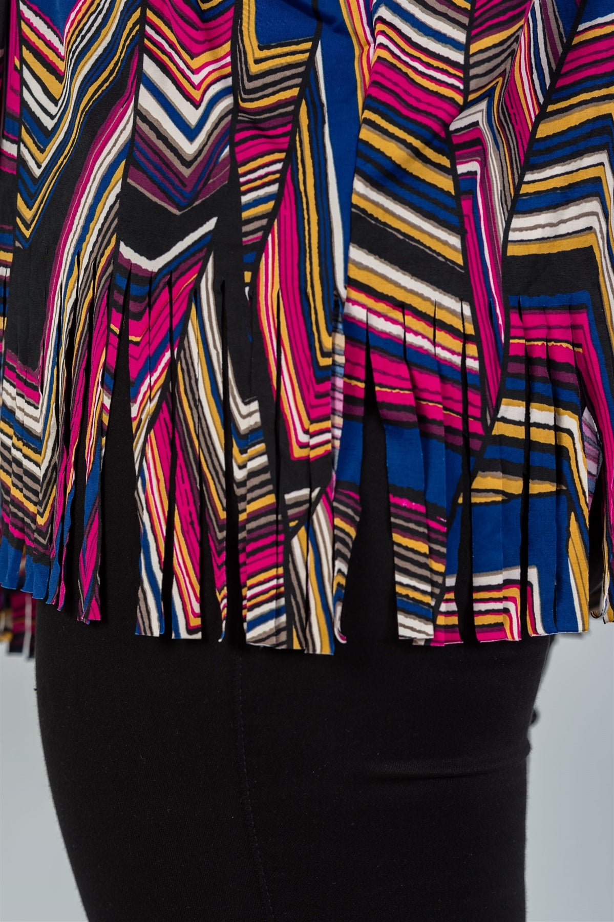 Ladies fashion plus size short sleeves, fringe hem, open front, hoodie, mix print all over top