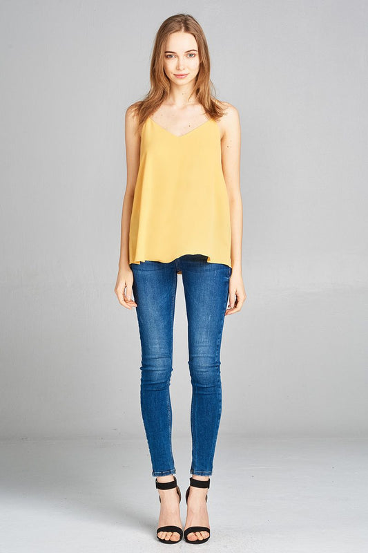 Ladies fashion v-neck w/back cross strap woven cami top