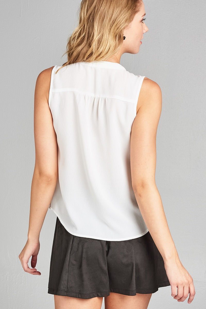 Ladies fashion sleeveless v-neck self tie w/eyelet detail front button woven top