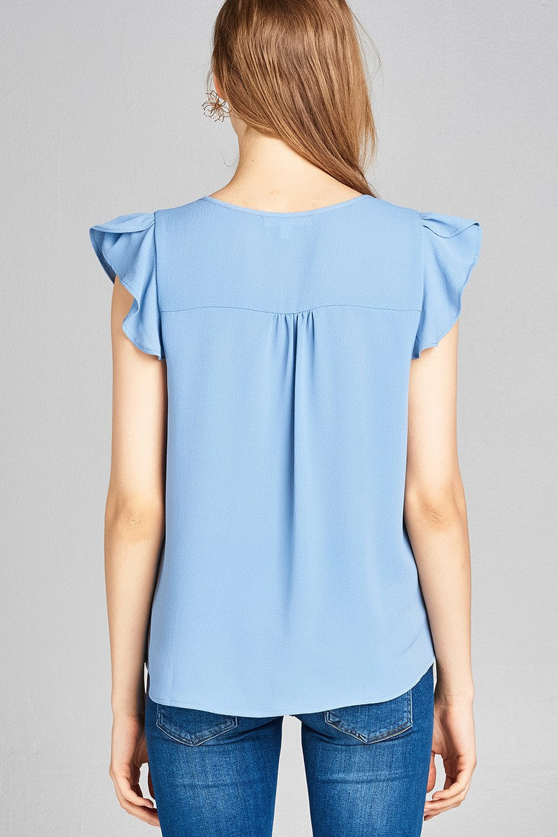 Ladies fashion ruffle sleeve v-neck w/cross strap crepe woven top