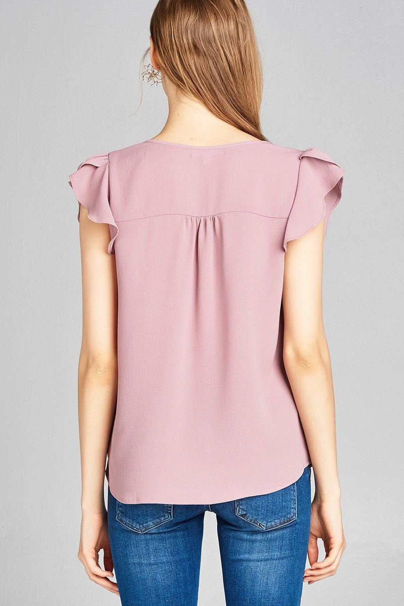 Ladies fashion ruffle sleeve v-neck w/cross strap crepe woven top
